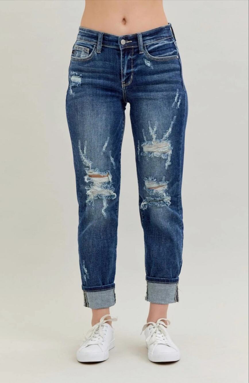 Judy Blue Mid-Rise Cuffed Destroyed Boyfriend Denim Jeans Size 9/29 EUC *82427